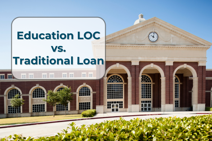 Education LOC vs. Traditional Loan Text in a white box in front of a brick building with arched windows: Education LOC vs. Traditional Loan