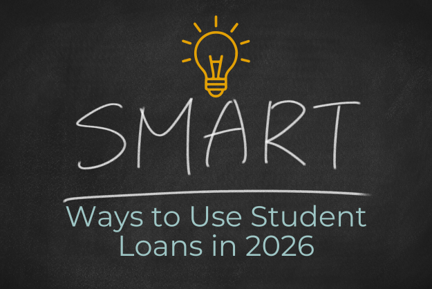 Smart Ways to Use Loans 2026 Black chalkboard background with a yellow lightbulb and the words Smart Ways to Use Loans 2026