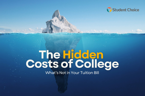 the-hidden-costs-of-college-whats-not-in-your-tuition-bill The tip of an iceberg shows above blue water, with the words "the hidden costs of college what's not in your tuition bill" overlaid.